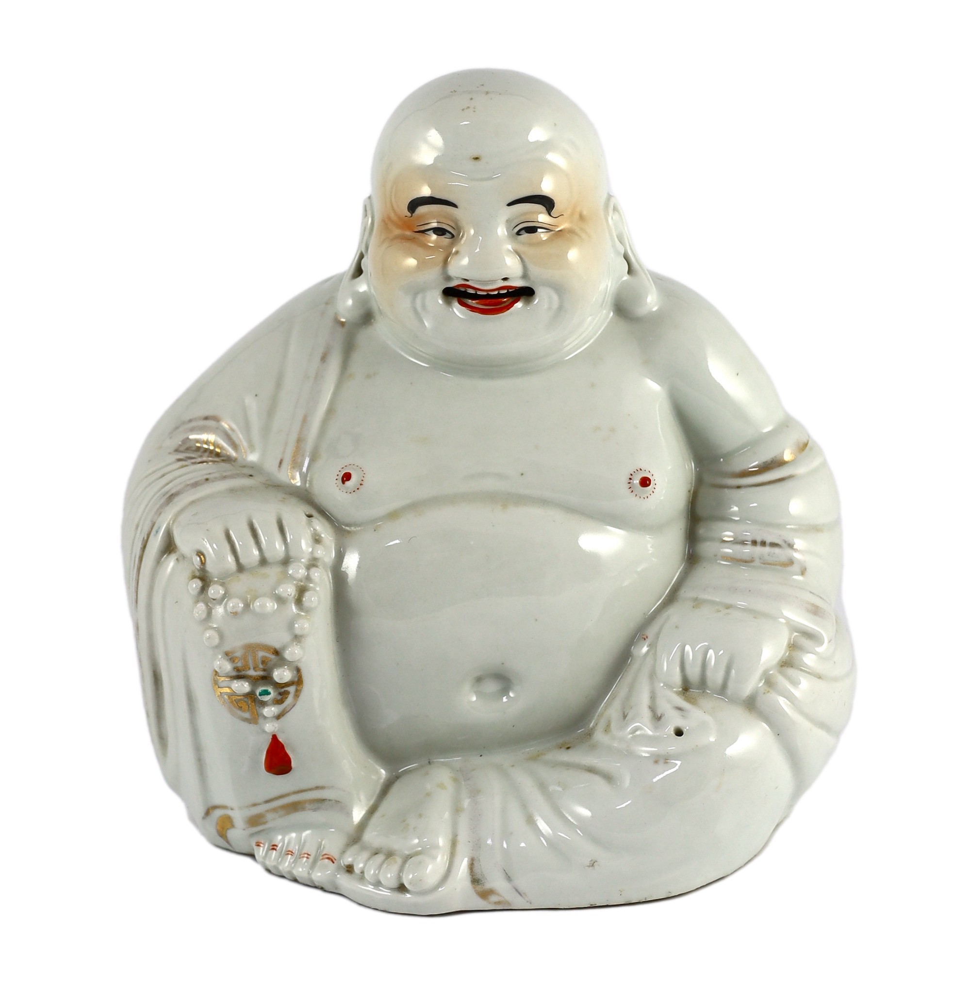 A Chinese porcelain figure of Budai, Republic period, 25cm high, wear to gilding